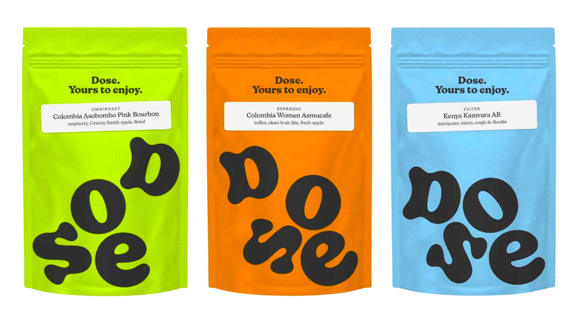 Three Dose specialty coffee bags in lime, orange and blue